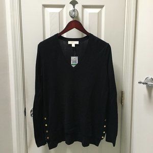 NWT Michael Kors Black V-Neck Tunic Sweater Size L Side Buttons